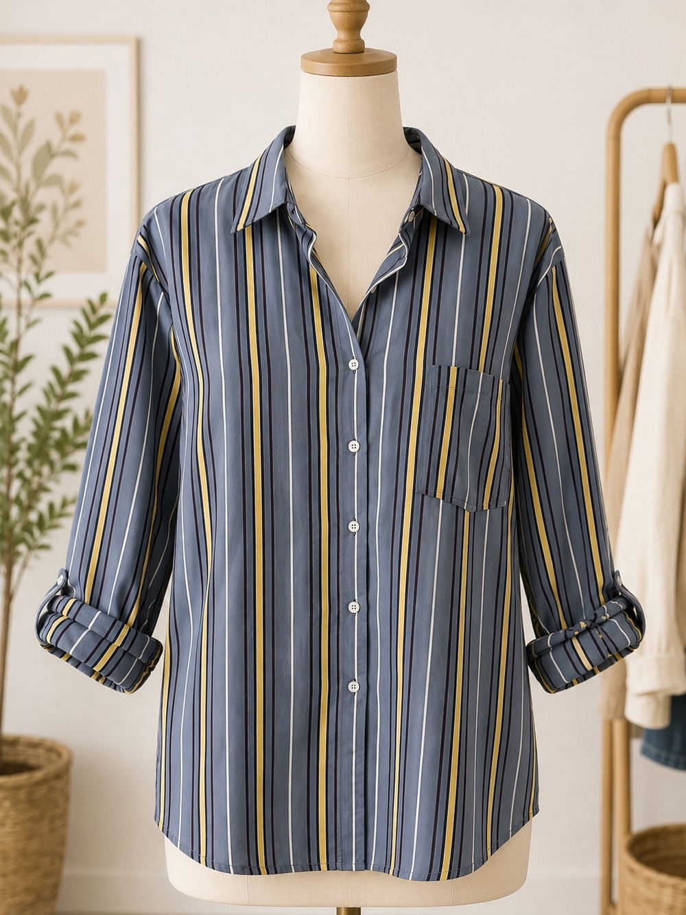 Free People Navy, Yellow & White Striped Button-Up Swim Coverup